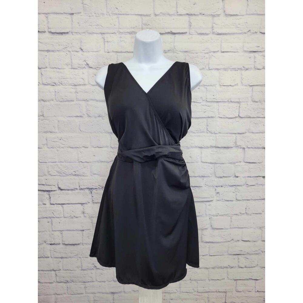 12R BLACK A392716 Denim & Co. Beach Wrap-Front Swim Dress